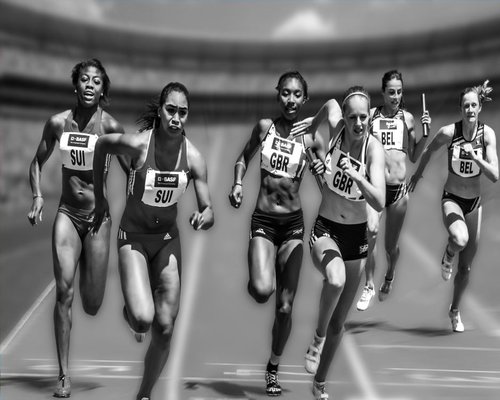 Community team racing across a digital skyline in the fictional Skyline Relay Squad game